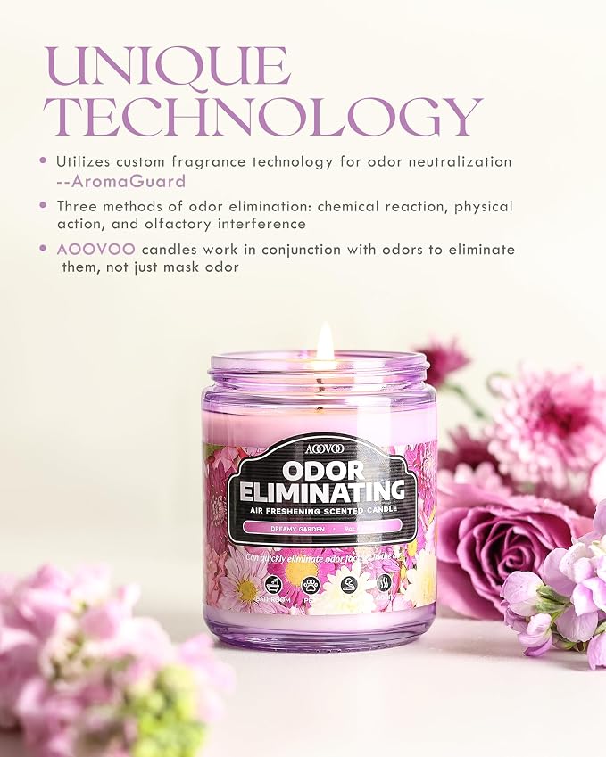 AOOVOO Dreamy Garden 2 Pack Odor Eliminating Highly Fragranced Candle - Eliminates 95% of Pet, Smoke, Food and Other Smells Quickly, Non Toxic Air Freshing Soy Candle, 18 oz Up to 100 Hours Burn time