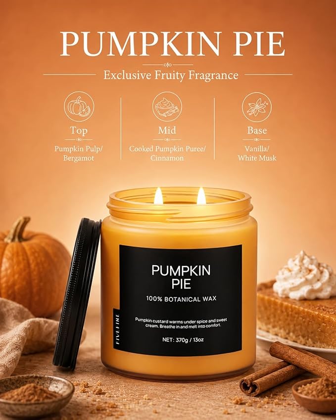 Pumpkin Pie Home Scented Candles, 13oz Organic Soy Wax, 76-Hour Clean Burning, Natural Candles Non Toxic, Warm & Spicy Fall Harvest Scent for Relaxation, Aromatherapy Housewarming Candle for Men Women