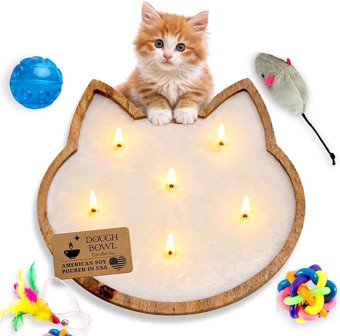 Dough Bowl Candle Co. Pet Odor Eliminator for Home - 10x10 Large Cat-Shaped Odor Absorber, 6 Wick Soy Wax Scented Candles, Pet Deodorizer Aromatherapy Candle with 70H Burn Time for Cat or Dog Smell
