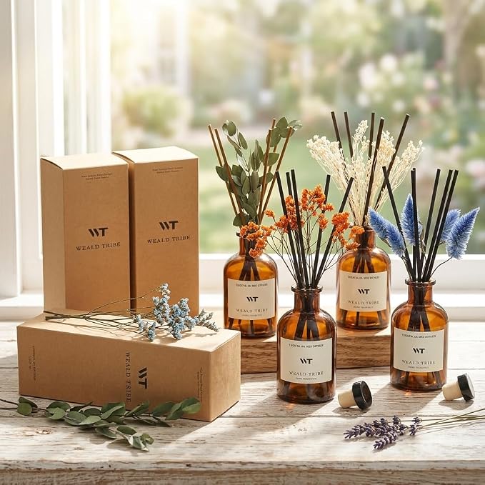 WEALD TRIBE Reed Diffuser Set for Bathroom Air Fresheners, Oil Diffuser Sticks | Sage & Sea Salt Scent 4.0 fl oz Home Fragrance with Sticks Defusers | House Bedroom Office Shelf Decor