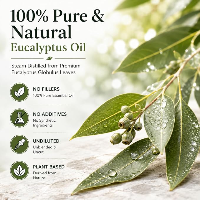 GreenHealth Eucalyptus Essential Oil – 8 fl oz (237 ml) – 100% Pure & Natural – Aromatherapy Oil in Aluminum Bottle with Plug Cap – for Diffuser, Cleaning, Home Fragrance, DIY Use