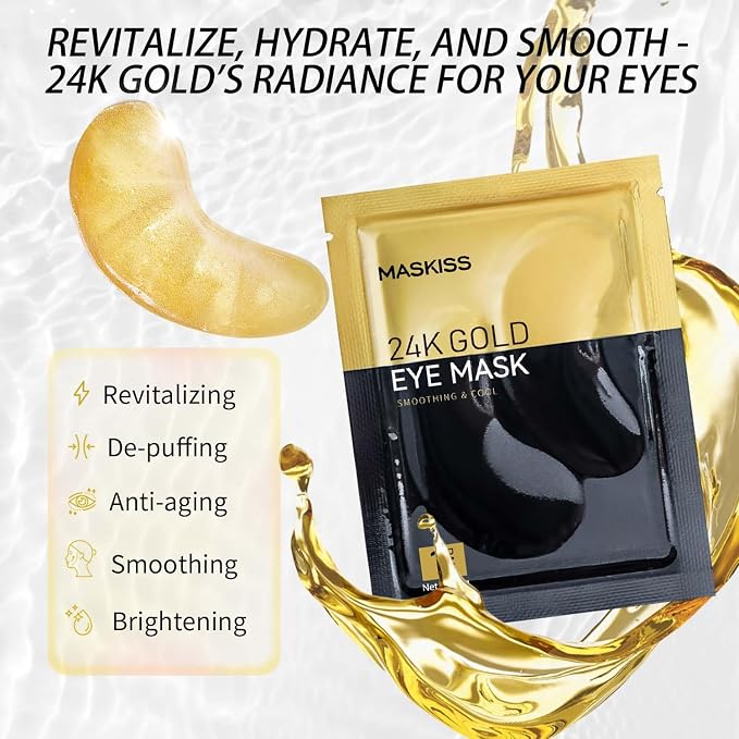 Maskiss 24k Gold Under Eye Patches (8 Pairs), eye mask, Collagen Skin Care Products, Eye Patches for Puffy Eyes, eye masks for dark circles and puffiness