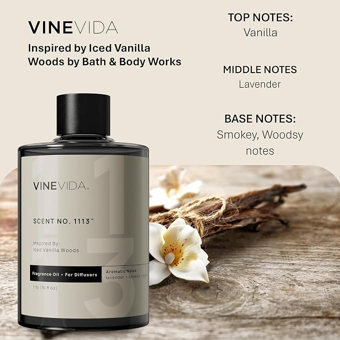 VINEVIDA [16 Fl Oz] Scent NO. 1113 Fragrance Oil for Cold Air Diffusers, Aromatic Notes of Vanilla, Lavender, Smokey & Woodsy Notes Essential Oils for Diffuser Oil Refill & Air Freshener Spray