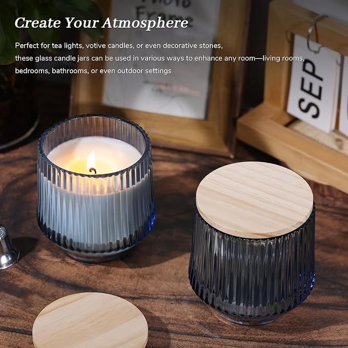 simeitol 13 OZ Blue Large Candle Jars for Making Candles - 6 Pack Glass Candle Jars Bulk with Vertical Striped, Candle Vessels Supplies with Bamboo Lids and Candle Wick Kit, for DIY & Home