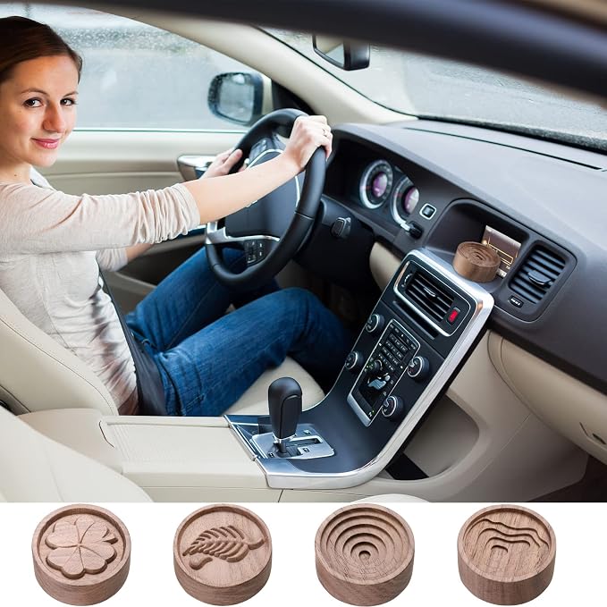 Zhehao 4 Packs Wood Essential Oil Diffuser Small Passive Oil Diffusers Aromatherapy Round Wooden Grain Portable Air Freshener for Car Aromatherapy Home Office Bathroom(Brown)