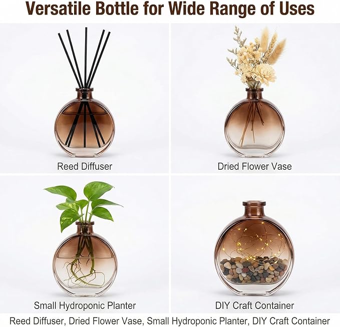 1 Pack 150ml/5oz Flat Round Brown Glass Reed Diffuser Bottles, Refillable Aromatherapy Essential Oil Bottles for Bathroom, Home & Office Decor