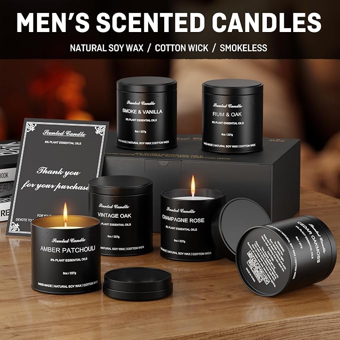 Men's Scented Candles Gift Set - 6 Pack Luxury Soy Candles for Home Scented, Masculine Woodsy Fragrances: Smoke Vanilla, Rum Oak & Cedar - Unique Birthday Gifts for Men, Dad, Husband, Boyfriend