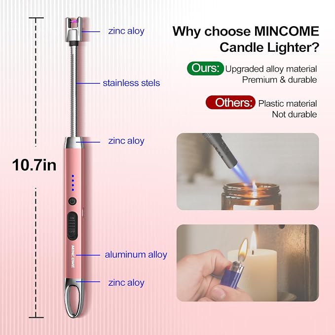 Candle Lighter, Windproof Flameless Electric lighters, Long Lighter with 360° Neck & Safety Switch, USB-C Rechageable LED Power Display Arc Lighters for Birthday BBQ Candle (Rose Gold)