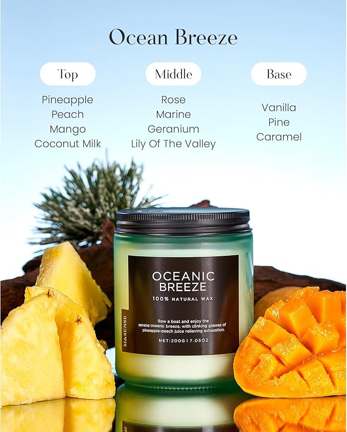 M&SENSE Oceanic Breeze Home Scented Candles, 7.05oz Natural Soy Wax, 50-Hour Slow Burning, Non Toxic Organic Candle, Aromatherapy Fragrance for Stress Relief, Housewarming Gifts for Women/Men