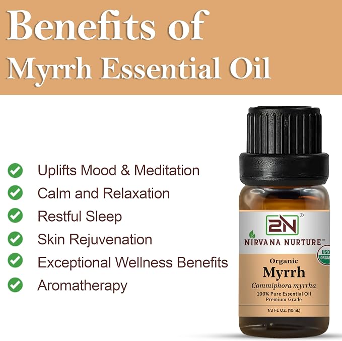 Myrrh Essential Oil, USDA Certified Organic, 100% Pure Undiluted, Aromatherapy Oil for Diffuser, Hair & Skin Care
