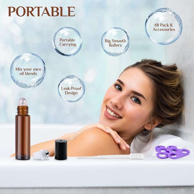 Hoa Kinh Roller Bottles for Essential Oils 10ml 24Pack Empty Amber Glass Perfume Roller Bottles with Stainless Steel Balls Refillable Roller Ball Applicator for Hair, Essential Oil