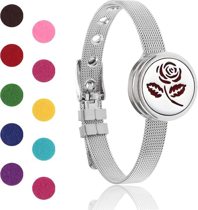 Essential Oil Diffuser Bracelet Aromatherapy Locket Adjustable Stainless Steel Rose Watch Chain Bracelet with 10 Pcs Refill Pads for Women
