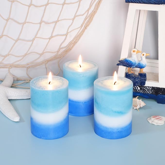 Crystal Club Ocean Scented Pillar Candles Set of 3, 3x4 Inch Blue Coastal Candles, Long Burning 40+ Hours, Smokeless & Dripless, Beach Home Decor for Living Room Bathroom Gift