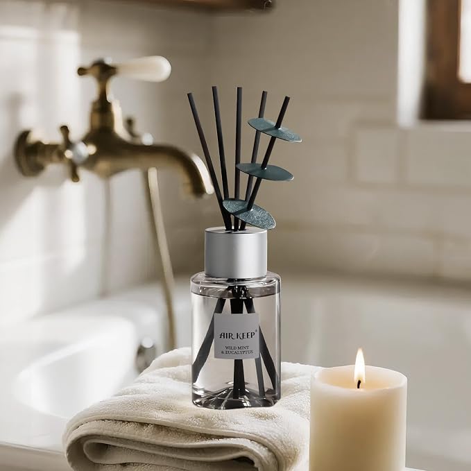 Airkeep Reed Diffuser/Grey Reed Diffuser Set/6.7 oz(200ml)/Wild Mint&Eucalyptus Oil Diffuser & Reed Diffuser Sticks/Home Decor & Office Decor, Fragrance and Gifts