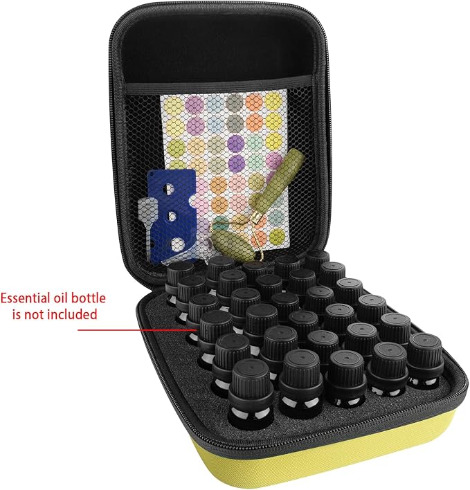 LUEXBOX Essential Oil Storage Case/Essential Oil Carrying Case/Essential Oil Case [Multiple Sizes] + Jade Roller for Face & Oil Opener & Stickers & Funnel & Transfer Pipette (yellow)