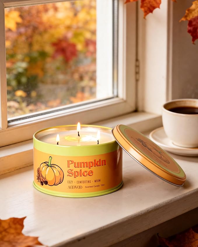 AOOVOO Pumpkin Spice Candle - 3 Wick 12oz Large Fall Candle, Soy Wax Strong Scented Candle Non Toxic, Long Lasting Candles for Home, Aromatherapy Autunm Candles Gift for Women Men