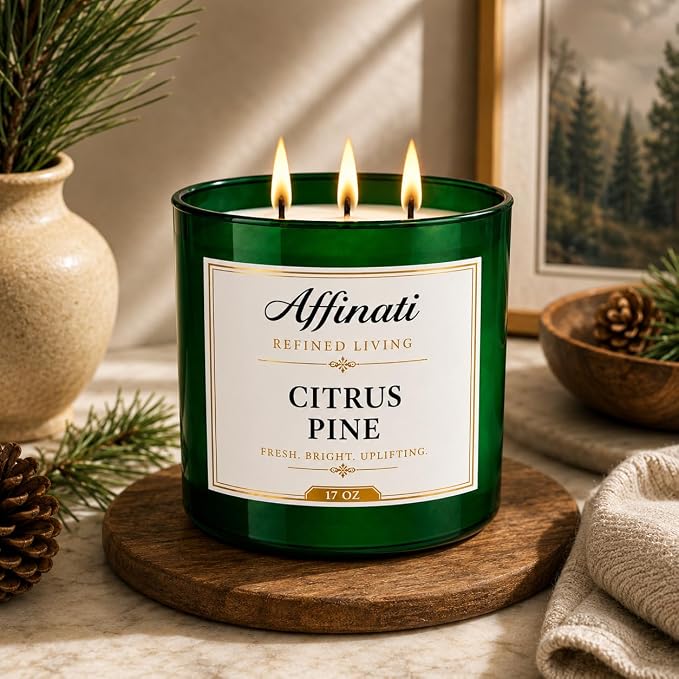 Affinati Citrus Pine 3 Wick Scented Candle – Large Soy Blend Candle, Strong Scent Throw Bright Zesty Evergreen Winter Candles, Premium Clean Burning Room Odor Eliminator
