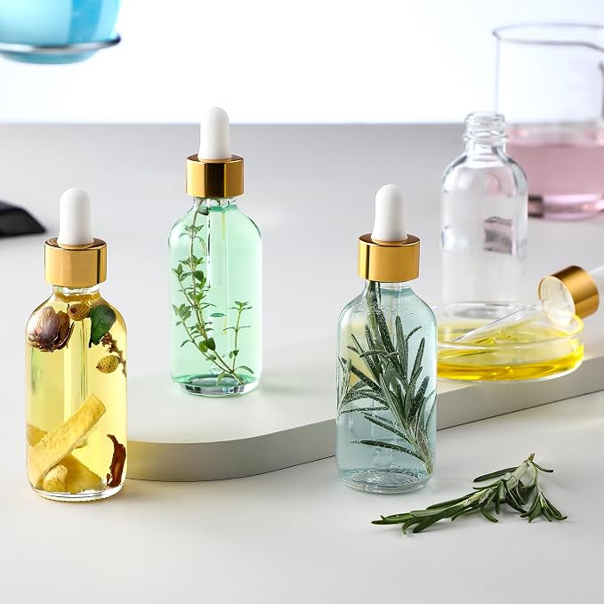 AOZITA Set of 4, 2 oz Golden Cap Clear Dropper Bottles (60ml) with 1 Funnel & 4 Labels - Glass Tincture Bottles for Essential Oils with Eye Droppers - Leak Proof Travel Bottles for Liquids