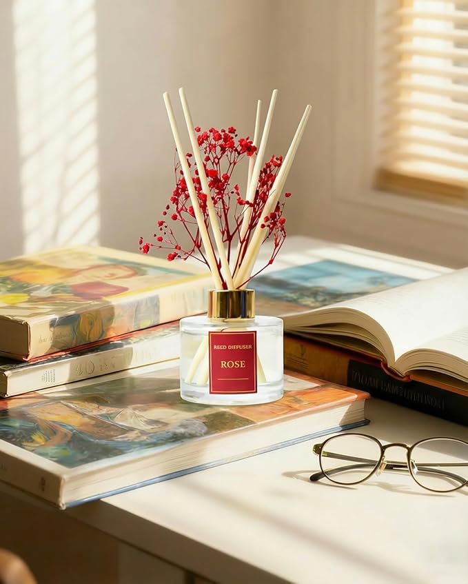 Reed Diffuser Set-Rose Scent Fragrance Oil Diffuser with 6 Reed Sticks | Home & Bedroom Bathroom Decor,3.38 fl oz (100ml)