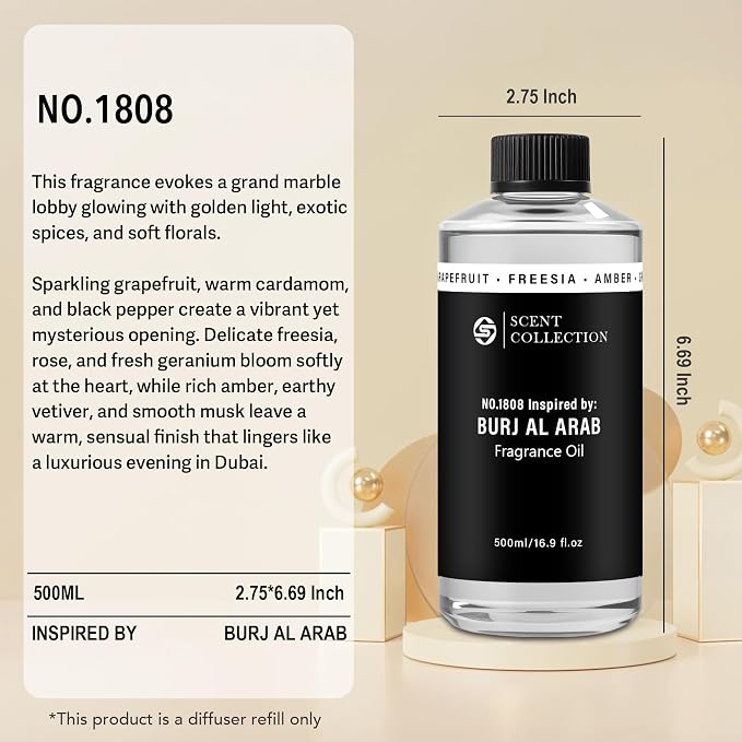 Dubai Luxury Scent Diffuser Oil 500ml – Hotel Style Fragrance Oil for Home, Large Room – Long Lasting Aroma Oil for Ultrasonic & Waterless Diffusers – Grapefruit, Freesia, Amber