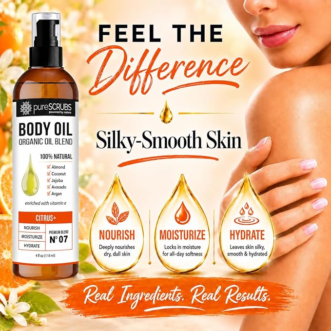 pureSCRUBS Ultra Moisturizing Citrus Body Oil for Dry Skin, Lightweight Full Body Moisturizer for Soft, Silky Skin, Massage & Cuticle Oil, Vitamin E Enriched, 4 oz