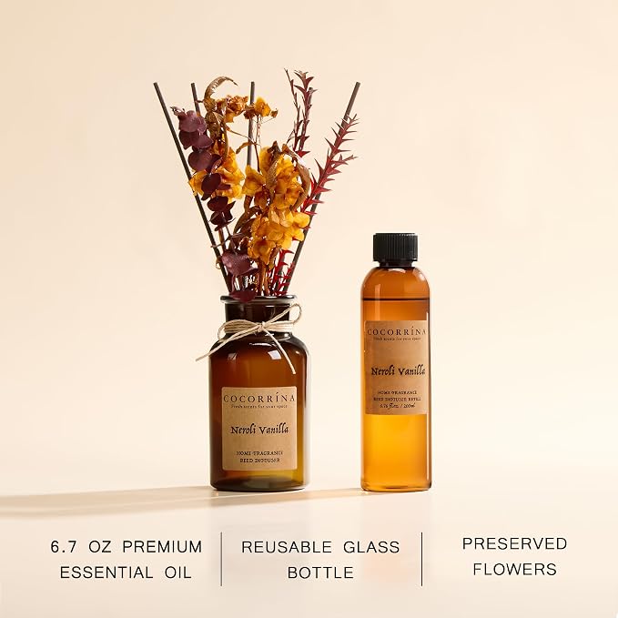 Cocorrína Reed Diffuser Set, 6.7oz Flower Reed Diffuser with Real Preserved Flowers - Neroli Vanilla Scented Oil & Sticks - Long Lasting Home Fragrance for Bedroom Bathroom Shelf Decor