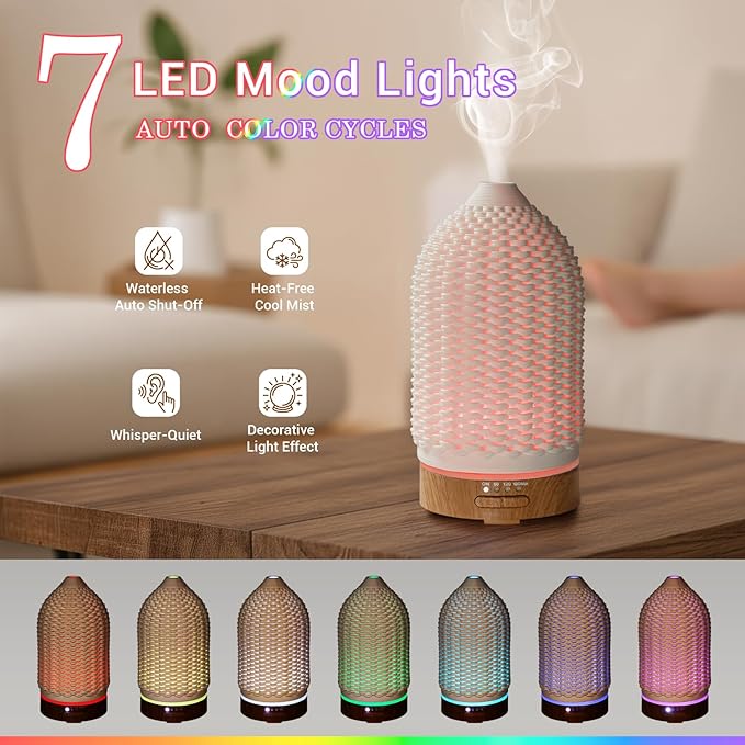 VICTORIA AROMA Ultrasonic Essential Oil Diffuser 100ML 3D Printing Ceramic - Cool Mist Humidifier, 7-Color LED Lights, 3 Timer & Auto Shut-Off, Ideal Gift for Home Bedroom Office (White)