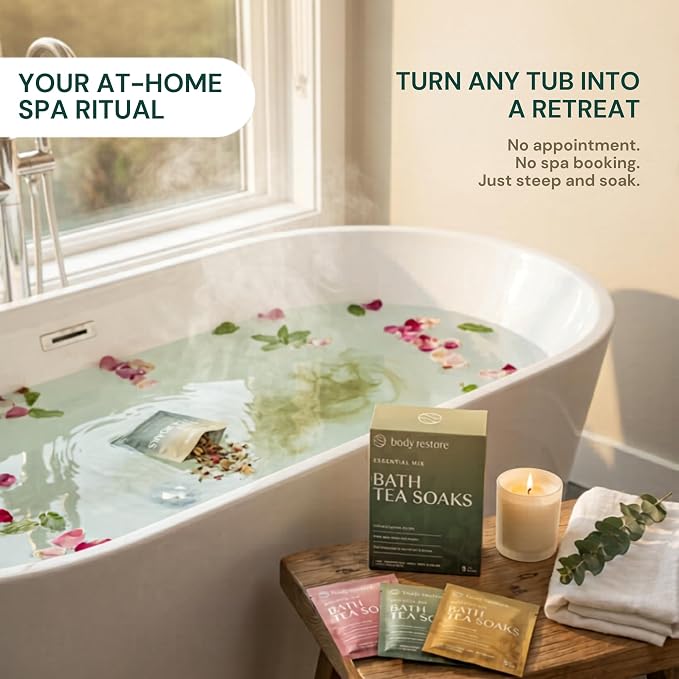 Body Restore Bath Tea Soaks Gift Set – Spa Gifts for Women, Mom, Wife & Self Care Lovers – Relaxing Botanical Bath Sachets for Stress Relief & Hydrated Skin – Essential Mix (3 Pack)
