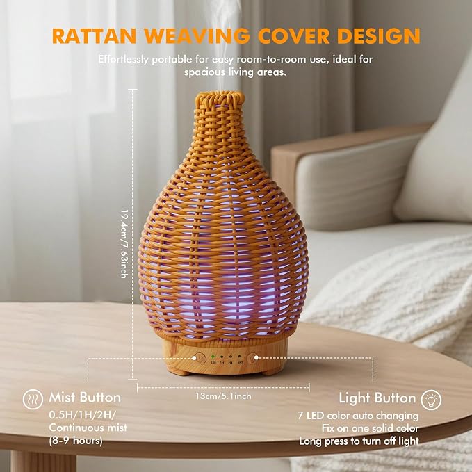 Essential Oil Diffuser Diffuser -Aromatherapy Diffuser for Essential Oils with Timer and 7 Colors LED Light Ultrasonic Diffuser with Auto Shut-Off, Home Office Decor&Gift（Handwoven）