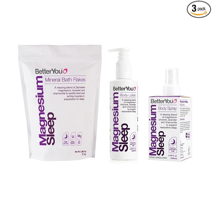 BetterYou Adult Sleep Bundle - Magnesium Bath Salt, Body Lotion, and Essential Oils Spray - Soothe Tired Muscles - Lavender and Chamomile Blend - 3 pc