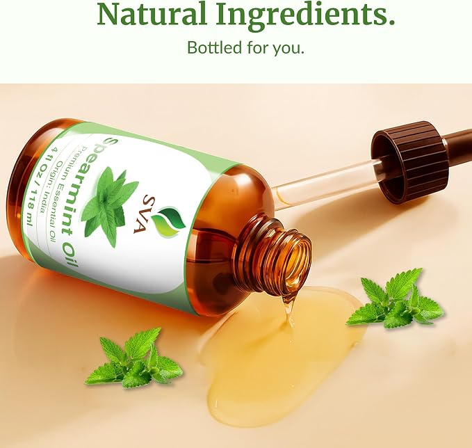 SVA Spearmint Essential Oil 4 Oz with Dropper 100% Pure Natural Undiluted Premium Therapeutic Grade Oil for Diffuser, Aromatherapy, Face, Body & Hair Care