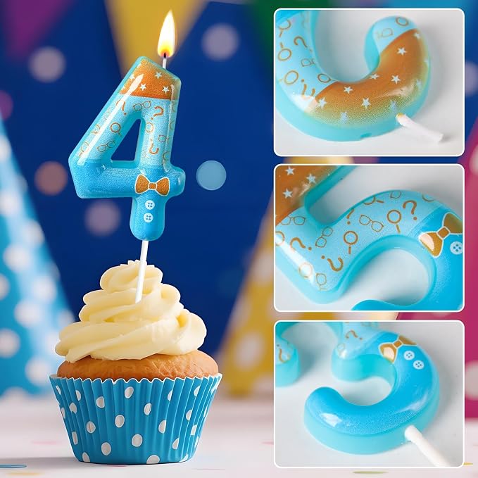 Number 4 Birthday Candle for Cake – Blue Cartoon Outfit Style with Bow Tie, Question Mark & Star Pattern – Fun Cake Topper Decoration for Celebration