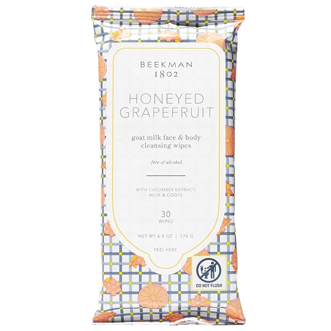 Beekman 1802 Face Wipes – Makeup Remover Wipes for Face, Facial Cleansing Wipes that Remove Makeup & Dirt, Travel Essentials, Face Wipes with Goat Milk & Aloe, Honeyed Grapefruit 30 Count