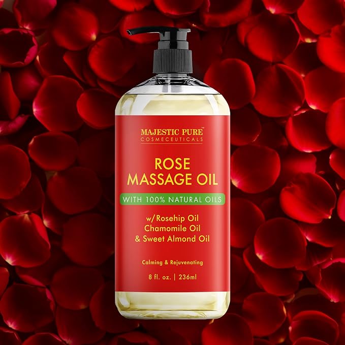 MAJESTIC PURE Rose Massage Oil for Massage Therapy - Refreshing, and Relaxing - Natural Oils - for All Skin Types - Men and Women Massage Lotion- 8 fl oz
