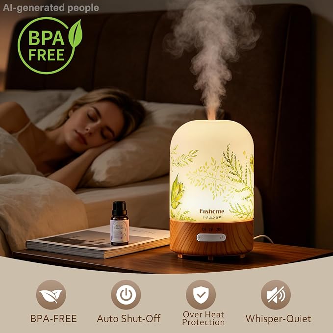 Essential Oil Diffuser, Hand Blown Glass Aromatherapy Diffuser, Ultrasonic Cool Mist Scent Aroma Humidifier, Diffuser Oil Machine Whisper Quiet with Auto Shut-Off for Home Bedroom Office(<25dB)