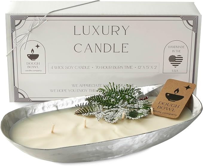 Dough Bowl Candle Co. Luxury Candle - Scented Luxury Candles for Home, 12x5x2 Inch Vessel for Women and Men, Fancy 4 Wick for All Occasions (Balsam Fir, Silver)