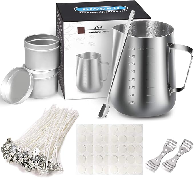 DINGPAI Candle Making Supplies, DIY Candles Craft Tools Including Candle Make Pouring Pot, Candle Wicks, Candle Wicks Sticker, 3-Hole Candle Wicks Holder, Candle Tins and Spoon