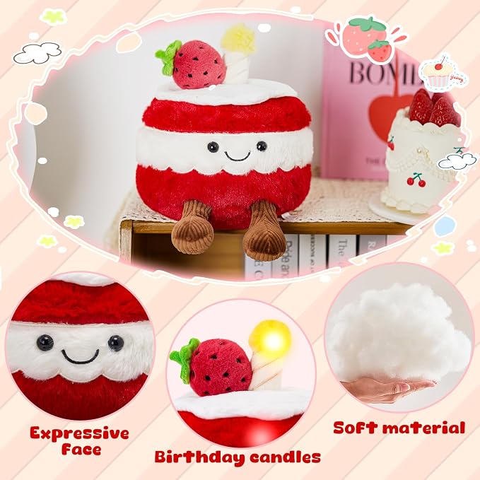 WEWILL Light up Birthday Cake Plush Toy Musical Cute Cake Pillow Stuffed Animals with Legs Strawberry Funny Plushie for Girls,Kids,Boys,8"