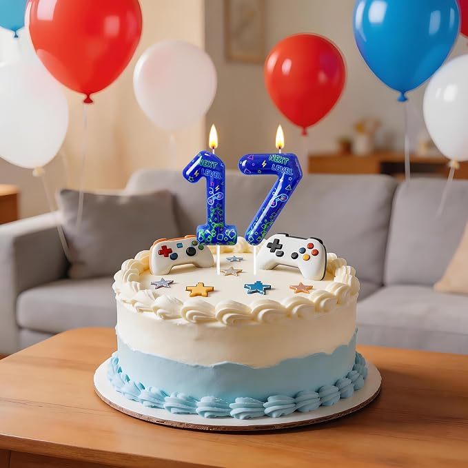 Number 7 Birthday Candle for Cake – Blue Gaming Theme Number Candle with “Next Level” Design, Video Game Style Cake Topper for Anniversary & Celebration