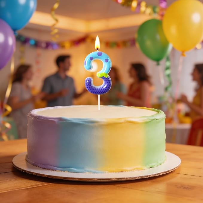 Number 3 Birthday Candle for Cake – Colorful Polka Dot & Patchwork Design – Fun Cake Topper Decoration for Birthday Celebration
