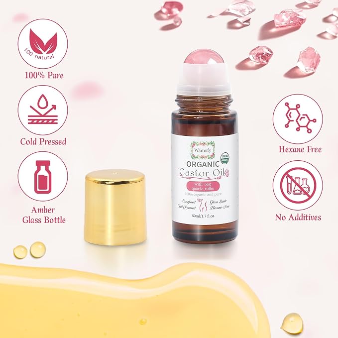 Organic Castor Oil with Rose Quartz Roll On for Body 50ml Large Bottle, Crystal Roller for Skin Moisturizing, Stretch Marks & Dry Areas, Cold-Pressed, Hexane-Free, Relaxing Self-Care Gifts for Women