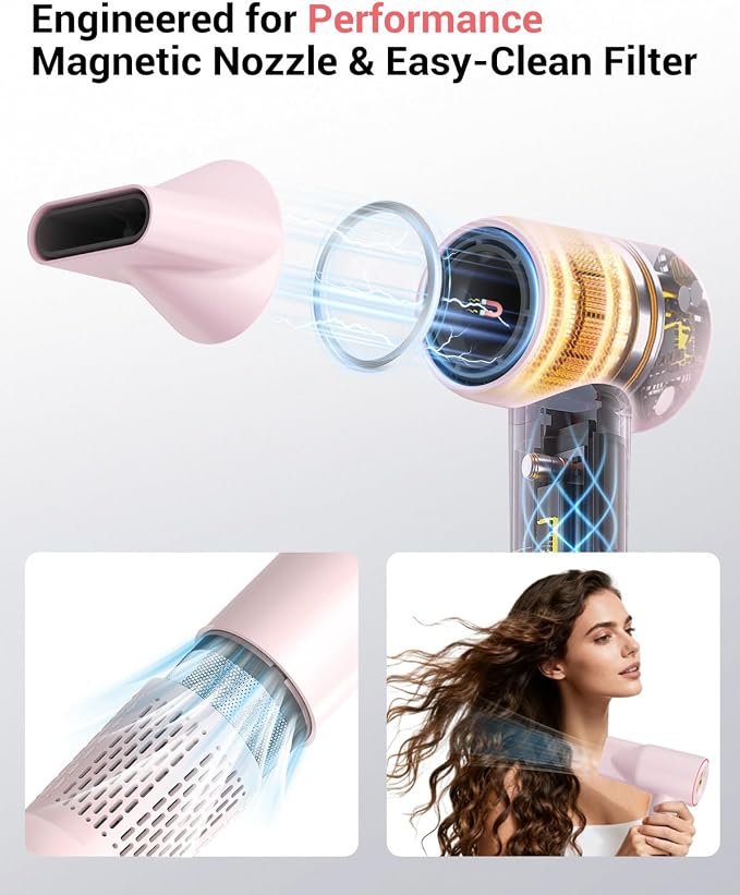 Ionic Hair Dryer, 150,000 RPM High-Speed Professional Blow Dryer for Fast Drying, 500M Negative Ions & Thermo-Control, Magnetic Nozzle, Low Noise & Lightweight for Home and Travel, Pink