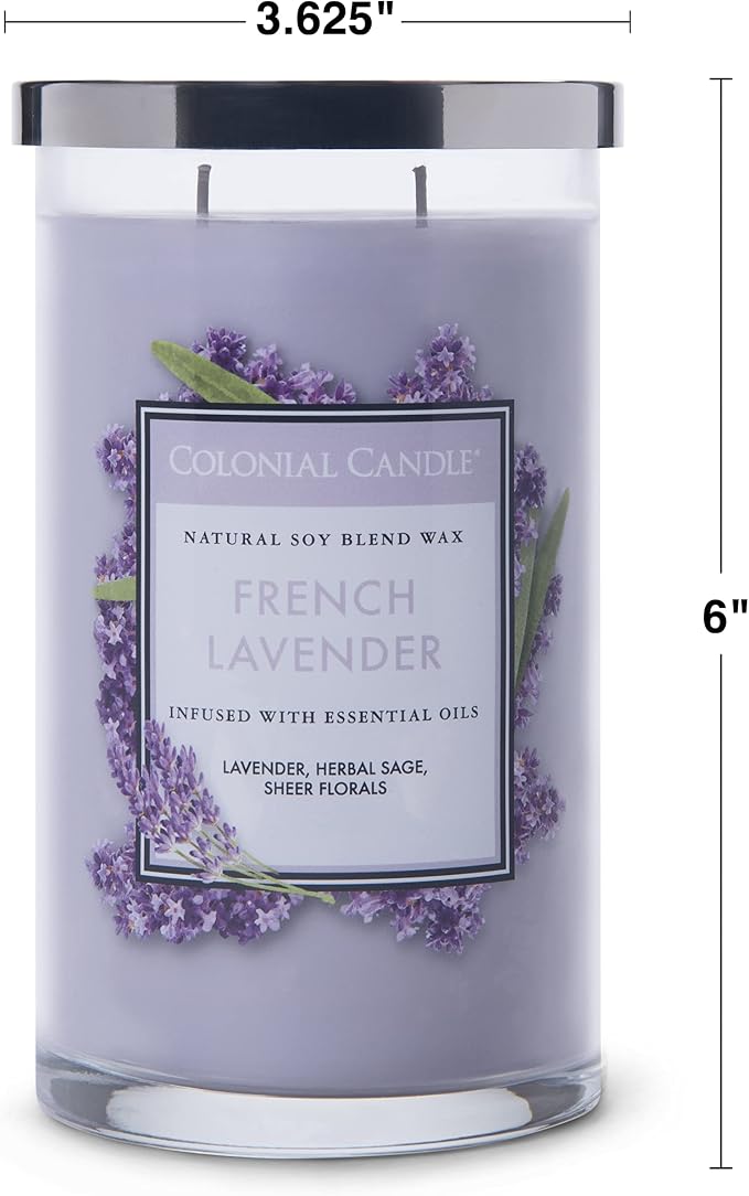 Colonial Candle French Lavender Scented Jar Candle, Classic Cylinders Collection, 2 Wick, Purple, 19 oz - Up to 120 Hours Burn
