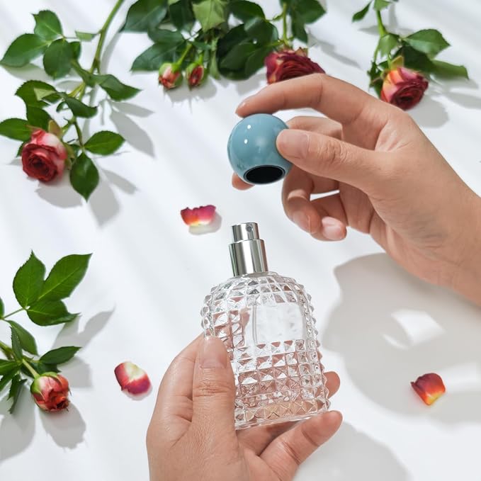 50ml/1.7 Oz Glass Spray Bottle Perfume Atomizer,Vintage Glass Perfume Travel Refillable Spray Bottle Empty with 3 Kinds of Dispenser (Blue)