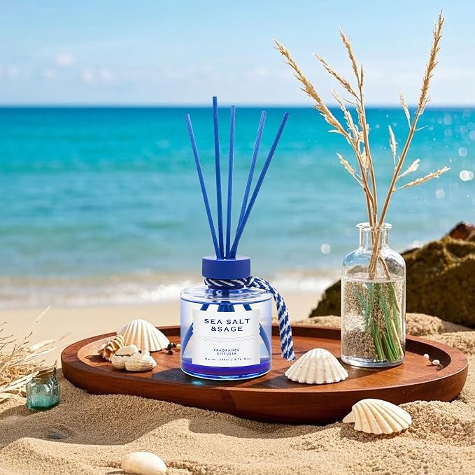 Sea Salt Reed Diffuser, 6.77OZ/200ML Large Capacity Natural Non-Toxic Oil, Long-Lasting Fragrance Reed Diffusers Set for Home and Bathroom, Aroma with 5 Reed Diffuser Sticks
