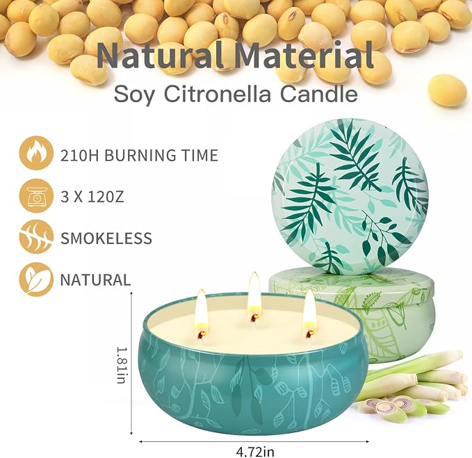 Citronella Candles Outdoor, Large Citronella Candle Outdoor for Patio, 3 Pack 12oz Summer Candle Bulk for Home Garden Yard Camping Party Indoor Outside Decorative, 210 Hours Long Burning, 3 Wick