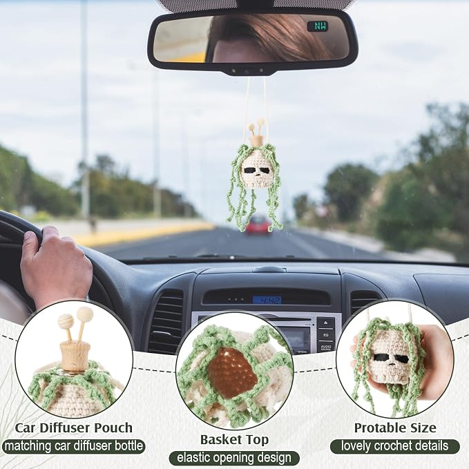 Leelosp 7 Pcs Nightmare Decoration Christmas Hanging Car Air Freshener with Empty Refillable Essential Oil Diffuser Bottle Knitted Potted Handmade Cute Car Interior Charm Ornament (8 ml, Skull)