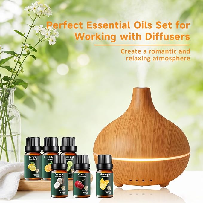 Fruity Essential Oil Set 12x10ml, Pure Lemon Grapefruit Orange Bergamot Pineapple Coconut Mango Pomegranate Blueberry Fig Lychee Cherry, Aromatherapy for Candle & Soap Making, Home Freshener