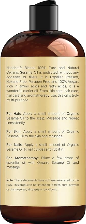 Handcraft Blends Organic Sesame Oil - 16 Fl Oz - 100% Pure and Natural - Premium Grade Carrier Oil for Skin and Hair - Hair and Body - Massage - Expeller-Pressed and Hexane-Free