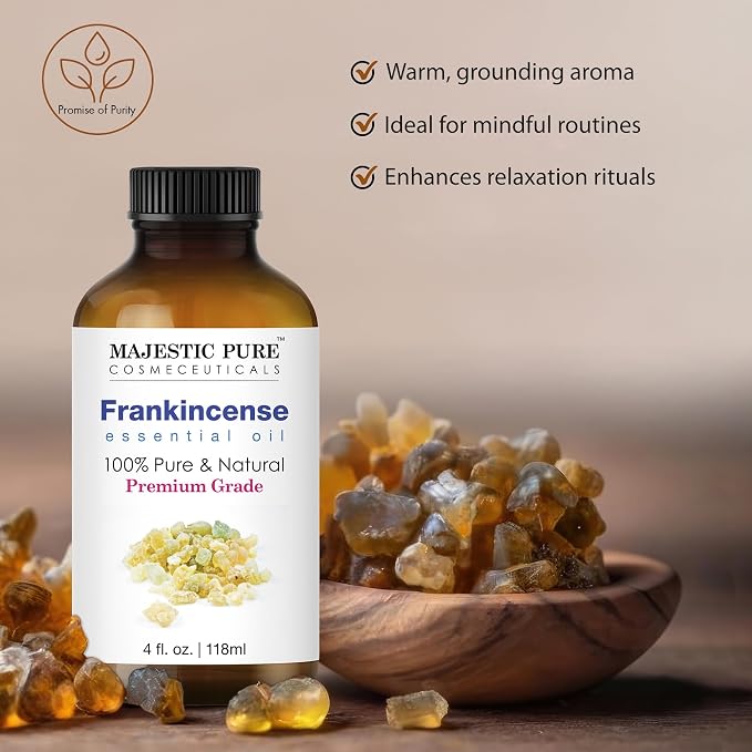 Majestic Pure Essential Oil with Glass Dropper - 100% Pure and Natural - Essential Oils for Diffuser, Aromatherapy, Soap and Candle Making, Frankincense Essential Oil, Frankincense Oil, 4 Fl Oz